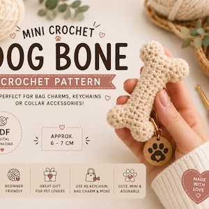 Può includere: Un osso per cani all'uncinetto color beige con un piccolo ciondolo in legno raffigurante un'impronta di zampa. Il testo recita MINI CROCHET DOG BONE CROCHET PATTERN, PERFECT FOR BAG CHARMS, KEYCHAINS OR COLLAR ACCESSORIES, PDF DIGITAL DOWNLOAD, APPROX. 6-7 CM.