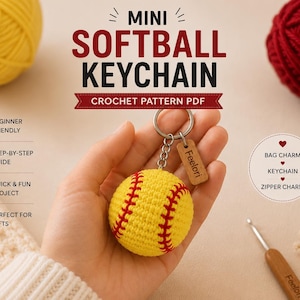 May include: A yellow crochet softball keychain with red stitching, held in a hand. The keychain has a small wooden tag. The image includes text that says "MINI SOFTBALL KEYCHAIN CROCHET PATTERN PDF".