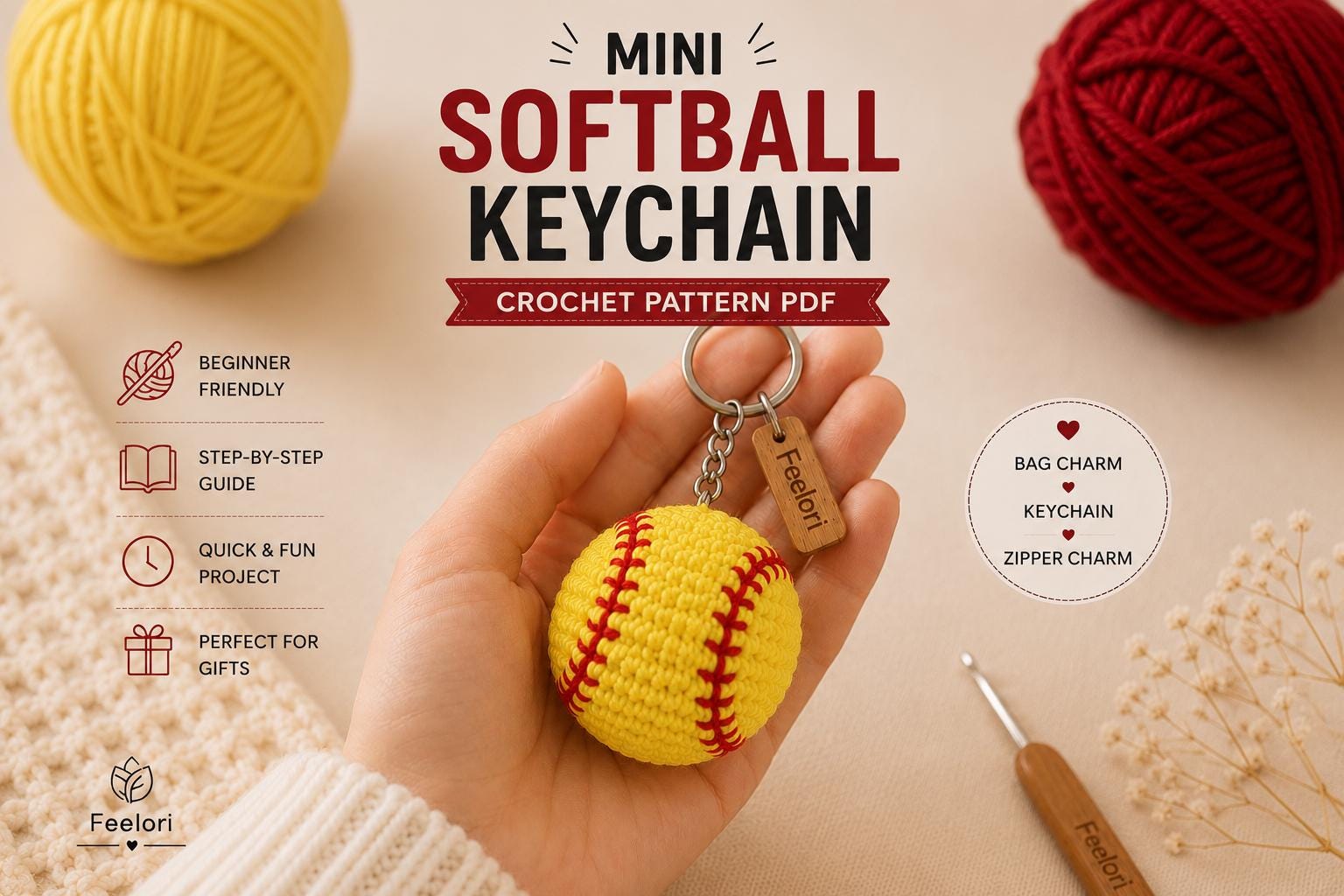 40 Mini Crochet Patterns for Small Makes, Keychains, and Tiny Amigurumi 18 Mini Softball Keychain Beginner Friendly Softball