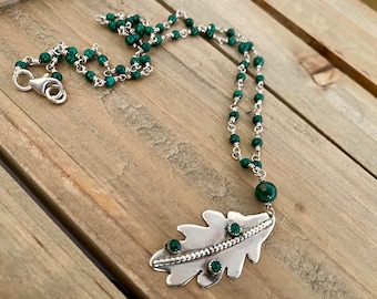 Silver and Malachite Beaded Leaf Pendant Necklace