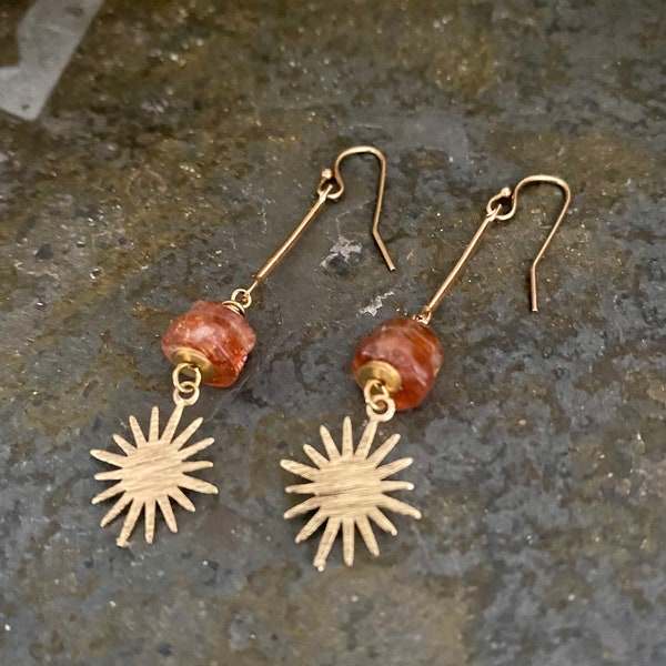 Natural Sunstone and Brass  Dangle Earrings