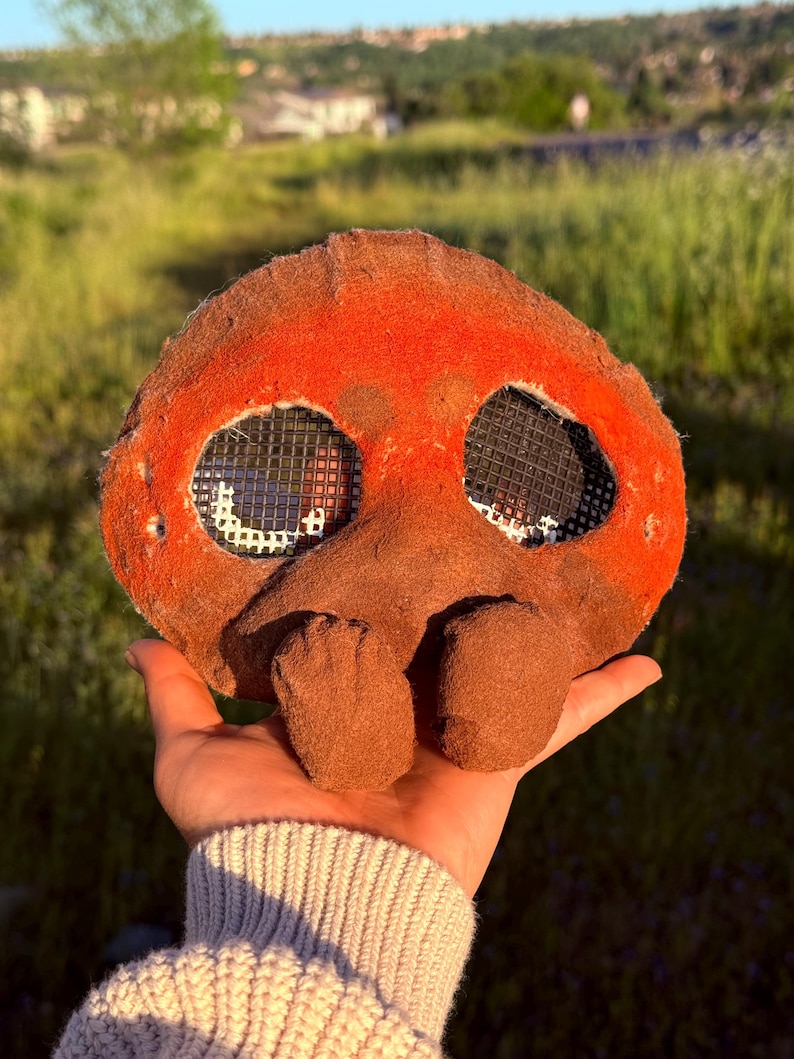 May include: A brown and orange mask with mesh eye coverings and a nose and two lower appendages. The mask is held in a hand against a blurred green background. The mask has a textured, felt-like appearance.