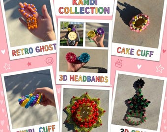 Handmade 3D Kandi Cuffs and Headbands | Y2K Aesthetic Pony Bead Jewelry | Fun Festival Rave Gear & Novelty Bracelets