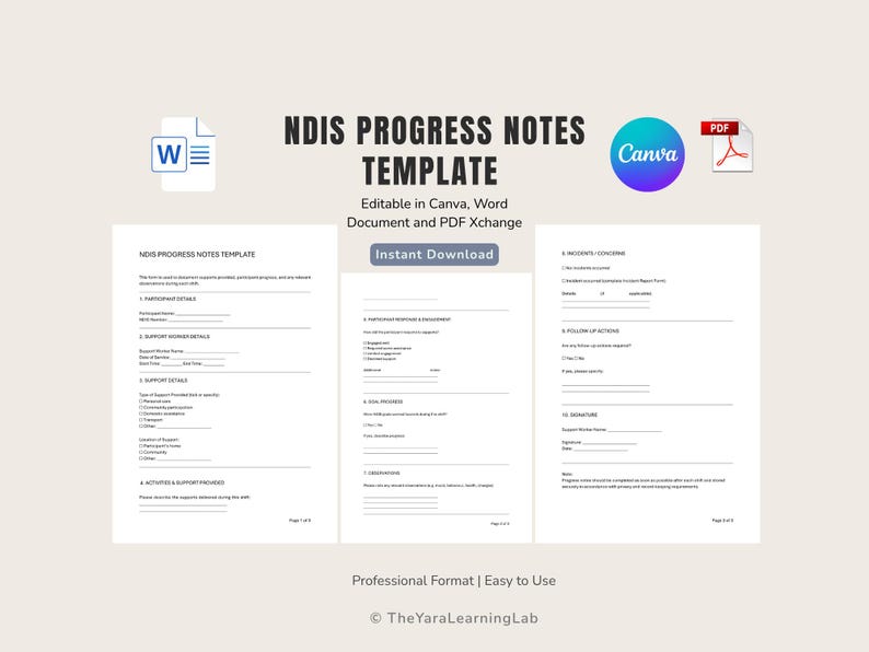 Ndis Progress Notes Template Editable Canva And Word Support Worker 