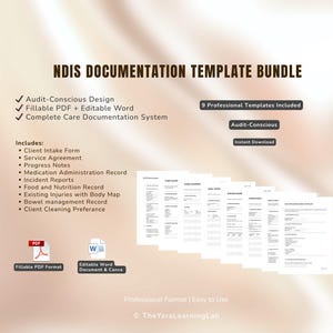 May include: An NDIS Documentation Template Bundle, digital download, with a light brown background. The bundle includes 9 professional templates, including client intake forms and incident reports. Features fillable PDF and editable Word formats. The text reads "Audit-Conscious Design".