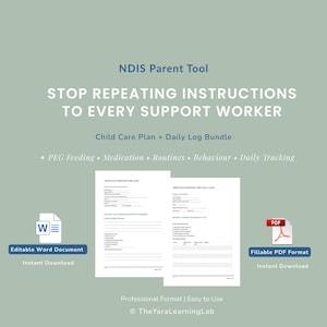 Può includere: Pacchetto di documenti digitali per l'assistenza all'infanzia, tra cui un piano e un registro giornaliero. L'immagine mostra il testo "STOP REPEATING INSTRUCTIONS TO EVERY SUPPORT WORKER" e include formati Word e PDF.