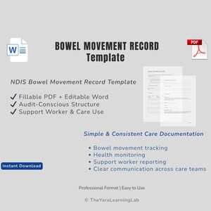 Mall för tarmtömningsjournal (NDIS | Audit-Conscious | Ifyllbar PDF + redigerbart Word-dokument) | NDIS vårddokumentation - blankett för stödpersonal