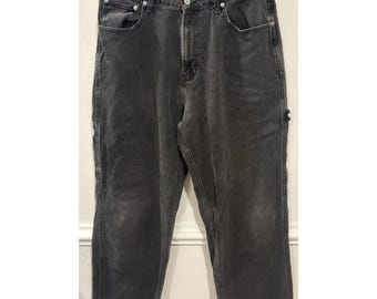 Calça jeans vintage Tommy Hilfiger Y2K Carpenter masculina, tamanho 34x32, preta, estilo baggy/wide skater.