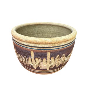 May include: A round ceramic planter with a speckled beige interior and a dark brown exterior. The outer surface features carved horizontal wavy lines and two cactus silhouettes, accented by thin blue and dark brown horizontal bands.