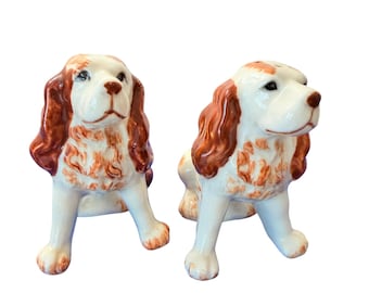 Vintage Spaniel Dog Salt and Pepper Shakers Ceramic Japan Brown White #2936