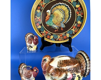 Vintage decoratie kalkoenen, lot 4, dienblad, juskom en pepervaatje