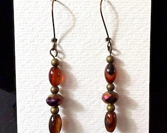 Carneool kraal met glas bronzen oorbel handgemaakte Stephanie Aune Boho hanger messing