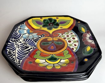 Vtg Mexico Puebla Talavera Plates Set 4 Pottery 10" Handpainted Signed Hanging