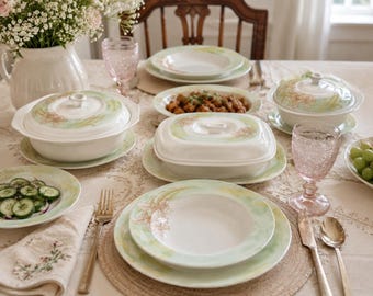 Vintage Parooka Pakistan melamine serviesset 18 stuks, Thangsnow pastelgroene bloemenborden serveerschalen, retro picknickservies uit het midden van de eeuw