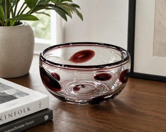 Hand Blown Art Glass heavy Bowl – Clear Glass with amethyst Controlled Bubbles & Spiral Base – Decorative Studio Glass