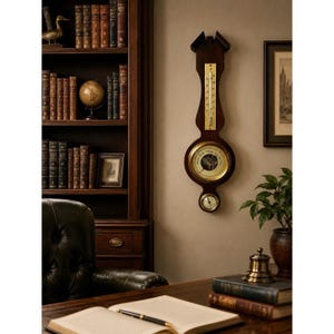 May include: A wall-mounted dark wood weather station featuring a vertical thermometer with a brass scale, a central circular barometer with a gold-toned dial, and a smaller circular hygrometer at the bottom, all integrated into a single wooden frame.