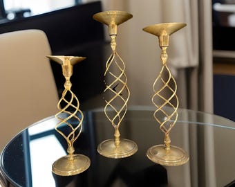 Vintage twisted brass candle holders set of 3 mid century
