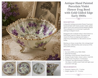 Antyczna ręcznie malowana porcelanowa miska w kolorze fioletowym z nóżkami, talerz w kształcie żaby, złocony, falisty brzeg, zabytkowy kwiatowy element centralny