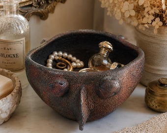 Signierte Raku Studio Keramik Gesichtsschale, skulpturale Kunst Keramikgefäß, Kupfer Schwarz Crackle Glasur, Datiert 1994