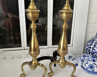 Pair Vintage Cast Iron Brass End Irons  Andirons Made In Japan 19 " Tall
