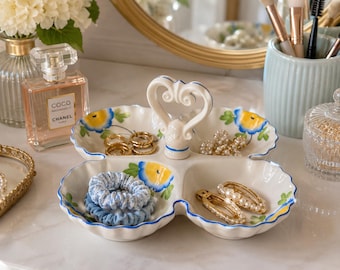 Vintage Royal Trico Nagoya Japan Hand Painted Divided Relish Candy Dish Heart Handle Trinket vanity decor  floral dividers dish