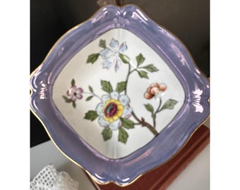 Vintage Noritake 7 Inch Square Floral Dish Purple Border Gold Trim Made in Japan