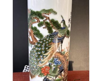 Vintage Chinese Porcelain Cylinder Brush Pot Peacock Vase 8.25"