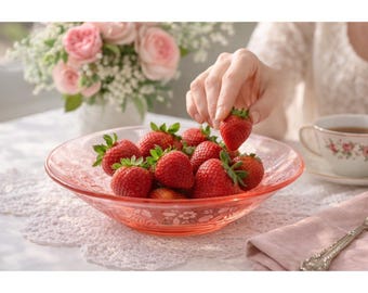 Vintage roze depressief glas geëtste roos consolekom 10,5" op voet jaren 1930