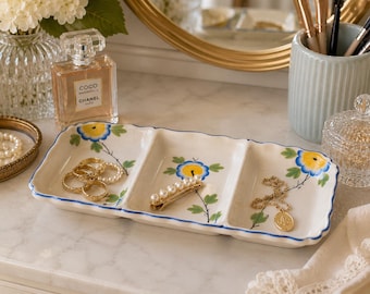 Vintage Royal Trico handbemaltes geteiltes Serviertablett mit Blumen | Blau Gelb Cottagecore Relish Dish