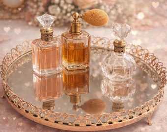 Vassoio da toeletta vintage in filigrana d'oro – Specchio decorato in stile barocco per profumi e gioielli