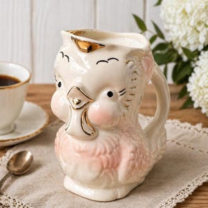 Brocca vintage anni '40 Shawnee Pottery Chickadee – USA Lattiera in ceramica a forma di uccello – Kitsch con finiture dorate