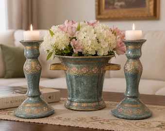 Vintage Toyo Hand Painted Porcelain Vase & Candlestick Set | Floral Gold Trim Ceramic Decor | Made in China