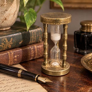 May include: An hourglass with a metallic gold-toned frame and clear glass containing white sand. The frame features a circular top and base connected by four vertical pillars with decorative ridges. The hourglass stands upright on a dark surface.