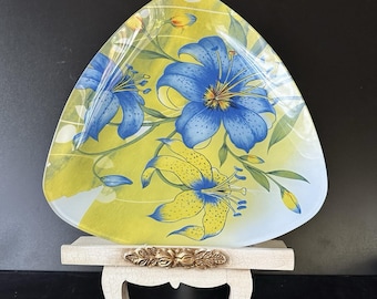 Unikat Jugendstil Floral Art Glas Servierplatte Gelbe und Blaue Lilien