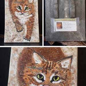 May include: A rectangular ceramic tile featuring a detailed painting of a cat. The cat has brown and orange fur, green eyes, and a pink nose. The artwork is set against a mottled, beige background.