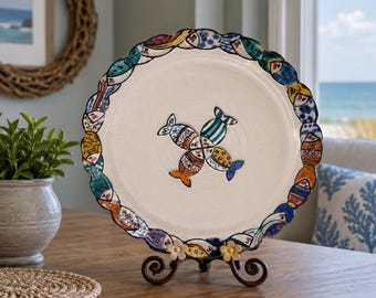Signed Studio Pottery Fish Plate, Hand Painted Coastal Ceramic Wall Decor, Nautical Folk Art, 12” Decorative Plate