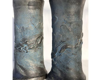 Vintage Pair Japanese Dragon Vases Blue Textured Relief 7.5 In Made in Japan