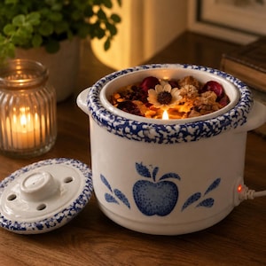 May include: A white ceramic electric wax warmer with a blue sponge-painted rim and a blue apple illustration on the front. The warmer contains melted wax topped with dried flower petals and a small white flower, with a matching lid placed nearby.