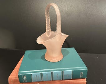 Westmoreland Pink Satin Handled Basket. Small vintage deco candy dish
