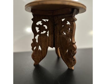 Vintage Indian Hand Carved Wood Tripod Plant Stand Table with Inlay Floral Smal