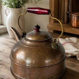 Vintage Revere Ware Copper Tea Kettle Brass Handle Red Wooden Knob Stovetop Kettle Farmhouse Kitchen Decor Cottagecore Gift
