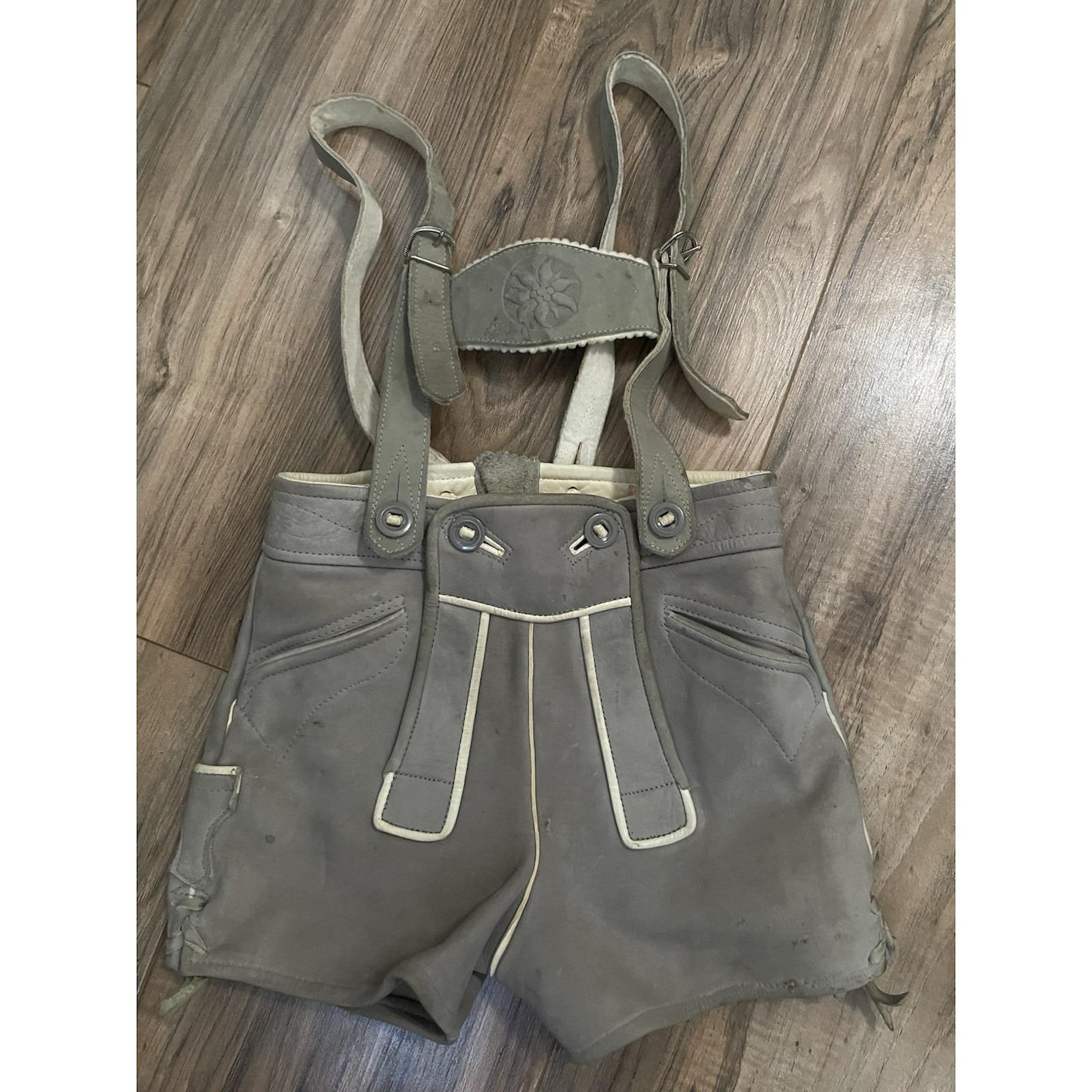Vintage Toddler Traditional Bavarian Lederhosen Shorts With Suspenders In Grey