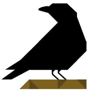 May include: A solid black silhouette of a bird, specifically a crow or raven, shown in profile facing left. The bird is perched on a brown, triangular-shaped base that features a geometric, segmented pattern across its surface.