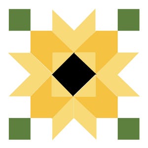 May include: A geometric design featuring a central black diamond shape surrounded by yellow and light yellow star-like shapes. Green squares are positioned at the corners of the design, all set against a white background. The design is reminiscent of a quilt block.