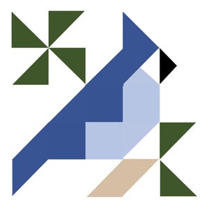 May include: Geometric illustration of a bluebird with a black beak, light blue chest, and tan feet. The bird is composed of various geometric shapes. Green shapes resembling leaves or a pinwheel are on either side.