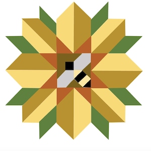 May include: Geometric design of a sunflower with a bee in the center. The sunflower petals are yellow and gold, with green and brown accents. The bee is black, white, and gray. The design is on a white background.