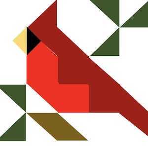 May include: A geometric illustration of a cardinal bird. The bird is primarily red with a black beak, a yellow patch, and dark green and brown accents. The design is composed of angular shapes on a white background.