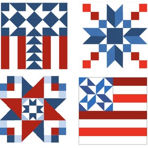 May include: A set of four square quilt blocks featuring geometric patterns in red, white, and blue. The designs include star motifs, triangular shapes, and horizontal stripes, arranged in a grid layout with distinct color-blocked sections.
