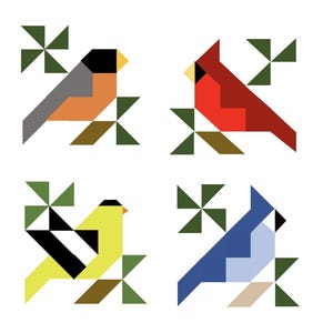 May include: A set of four geometric bird illustrations arranged in a grid. Each bird is composed of angular shapes in distinct colours: orange and grey, red, yellow and black, and blue and light blue. Each bird sits near a dark green pinwheel.