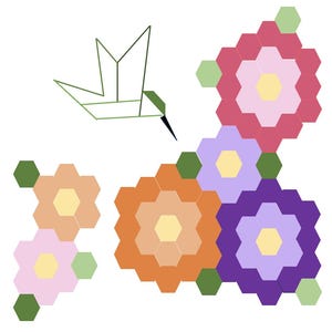 Könnte beinhalten: Eine farbenfrohe Illustration von Blumen und einem Kolibri. Die Blumen bestehen aus sechseckigen Formen in Rosa-, Orange-, Lila- und Gelbtönen. Ein grüner Origami-Kolibri ist über den Blumen dargestellt.